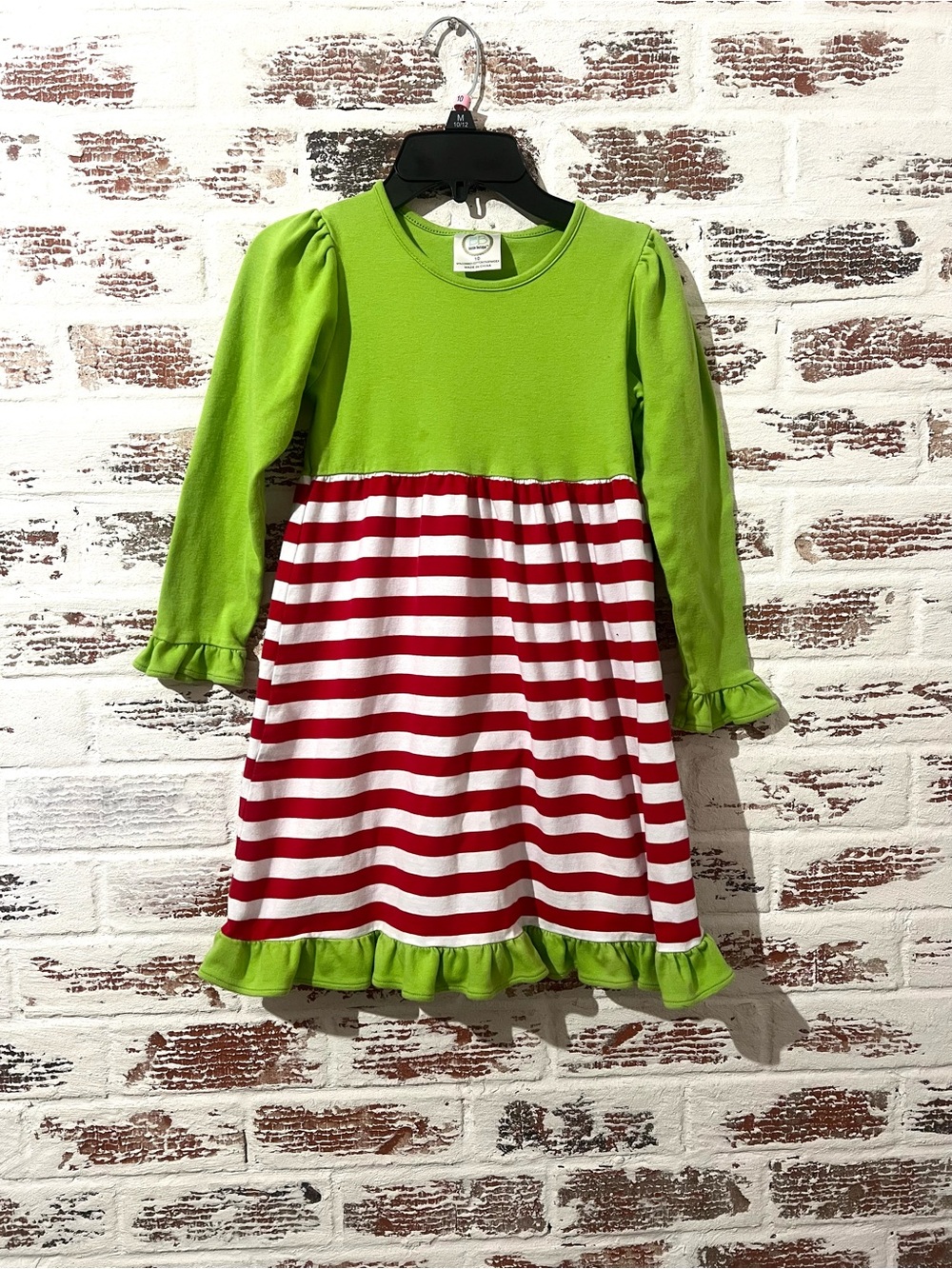 Blanks Boutique Girls Dress Size 10 Green Red Striped Ruffle Holiday Christmas